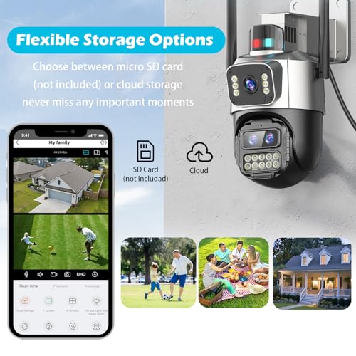 Outdoor Home Security Camera with 4K Dual Lens, 360 PTZ, 8X Zoom, Auto Tracking, 2-Way Audio, Night Vision, Storage Options (SD/Cloud), No Monthly Fee