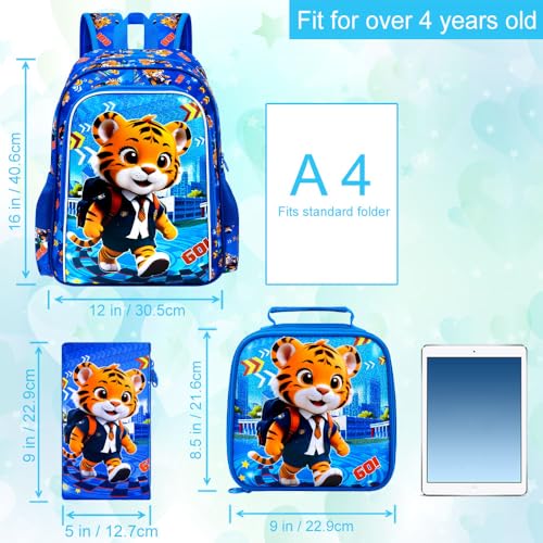 Image of CCJPX 16 inch Kids Backpack for Boys, 3PCS Tiger Water Resistant Preschool Bookbags, Cool Kindergarten School Backpacks and Lunch Box