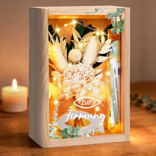 Geldgeschenke Verpackung Firmung Geschenke Jungen Mädchen inklusive Holzbox + Trockenblumen + LED Lichterkette + Reagenzglas+ Fish Holz + Firmung Karte Geschenke zur Firmung