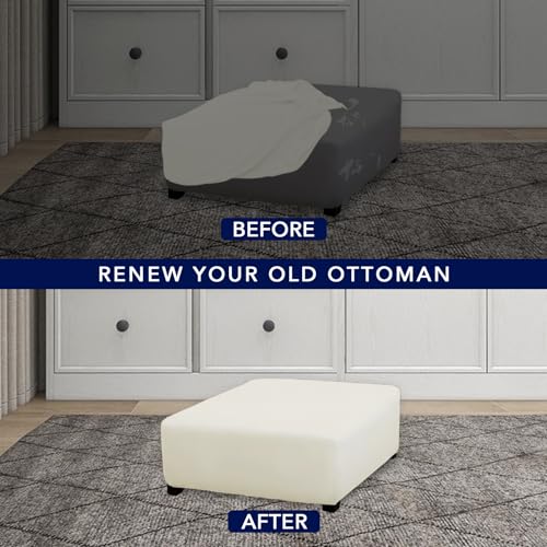 Image of PureFit Super Stretch Form Fit Square Ottoman Cover Rectangle - Ottoman Slipcovers for Foot Stool & Folding Storage Furniture for Living Room with Nonslip Elastic Bottom (Medium-XL, Ivory)