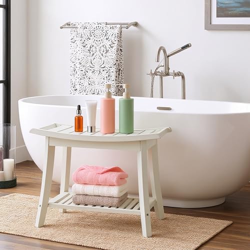 Image of Bamboo Shower Bench Stool,24 inch Shower Chair Seat Non-Slip,Waterproof Bathroom Bench with Storage Shelf for Adults,Elderly, Disabled Indoor&Outdoor Use (White)