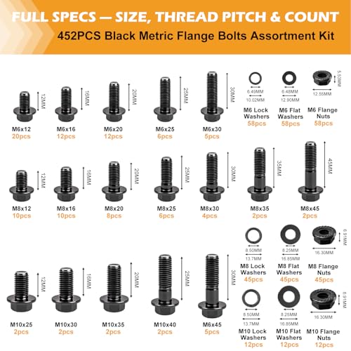 Image of Vigrue 452PCS Metric Flange Nuts and Bolts Assortment kit, M6x1.0, M8x1.25, M10x1.5 Grade 10.9 Alloy Steel Black Zinc Plating Hex Bolts and Nuts Washers, Metric Bolt Set for Automotive Motorcycle