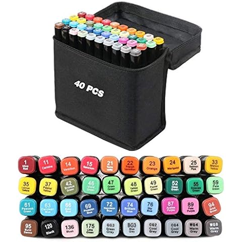 Vallteng 40 Colours Permanent Art Markers Twin Marker Pen Broad Fine Point Black Animation Design for Drawing Coloring with Black Bag Cover