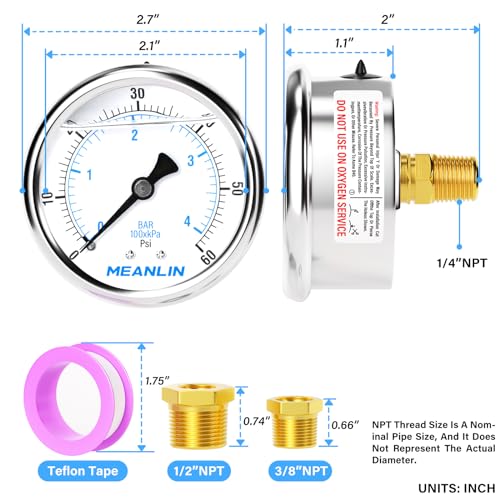 Image of MEANLIN MEASURE Stainless Steel 1 /4 inch NPT 2.5 inch FACE DIAL Liquid Filled Pressure Gauge WOG Water Oil Gas Center Back Mount(0~60Psi)
