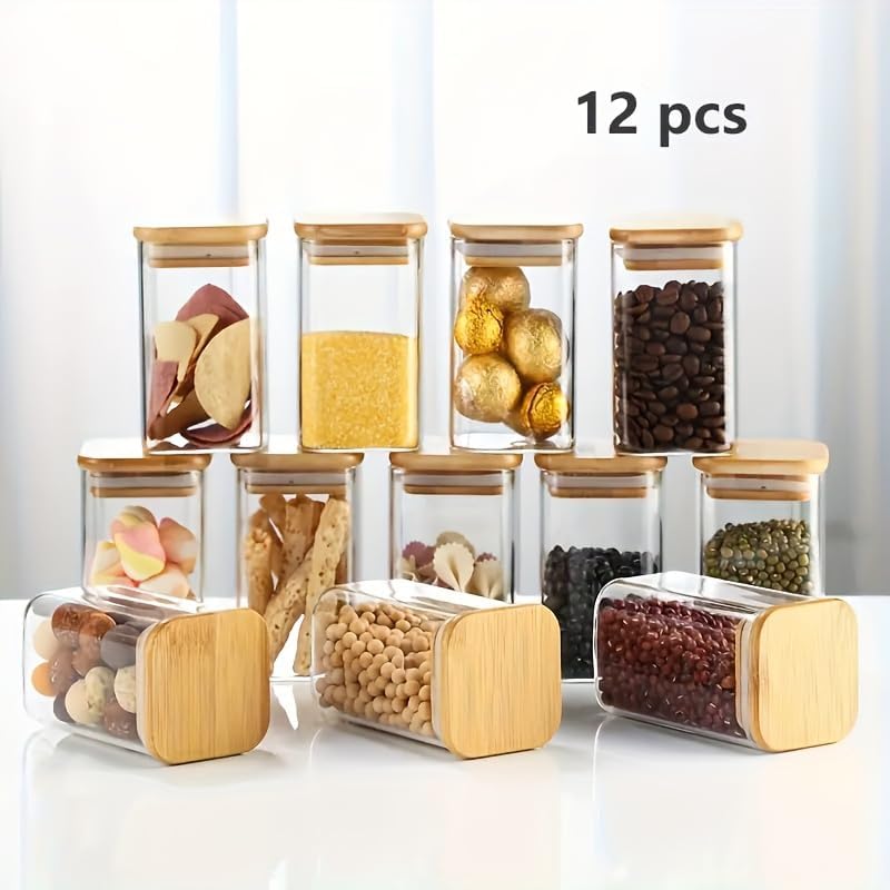 Image of Glass Storage square Containers with Lids Glass Jars with Lids,230 ml Clear Food Canister, Pantry jar set of 12(12, SQUARE BAMBOO LID GLASS JAR 230 ml-)
