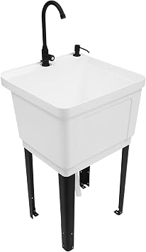 Laundry & Utility Room Sinks,White Freestanding Utility Sink with Black Handle Faucet,Heavy Duty Plastic Laundry Tub,Utility Sink with Adjustable Faucet,Laundry Tub for Basement,Garage or Wash Room