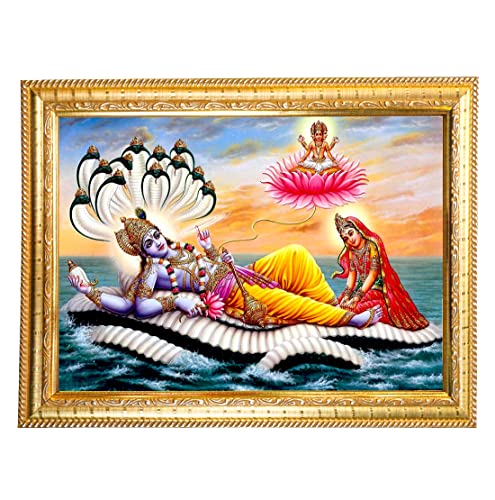 Image of Hawai Lord Vishnu with Goddess Lakshmi Wall Hanging Photo Frame, Size 8.5 x 7 Inch | Engineered Wood Religious Frame for Home Office & Pooja Room Decor | Vastu Prosperity Wall Art | | GLDFRM451