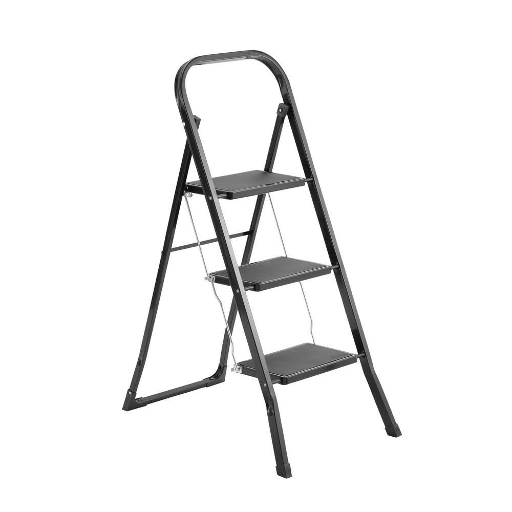 LOLAhome - Escalera Plegable de 3 peldaños Antideslizantes de Acero Color Negro. Soporta 150 kg. Medidas Abierta: 46x71x105 cm. Medidas plegada: 46x4x116 cm. Cumple normativa EN14183