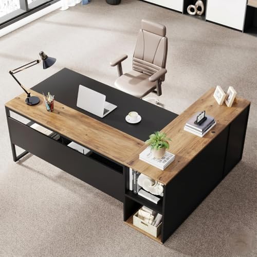 Image of TEKAVO Executive Table for Office | Director Table for Office Cabin | Wood Manager Desk with Storage Door | 180 cm Long Boss Desk | Left Side Storage