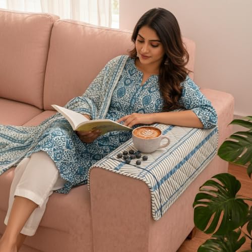 Image of STITCHNEST 'Frostvine Collection' Sofa Armrest Cover | Cotton Quilted Fabric, Washable & Durable for Modern Living (18 x 22 Inches)