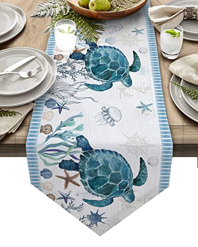 Coffee Table Runner - 48 Inches Long, Ocean Turtle Dresser Scarf Dining Tabletop Décor for Kitchen/Farmhouse/Holiday, Blue Summer Beach Nautical Coastal Starfish Coral
