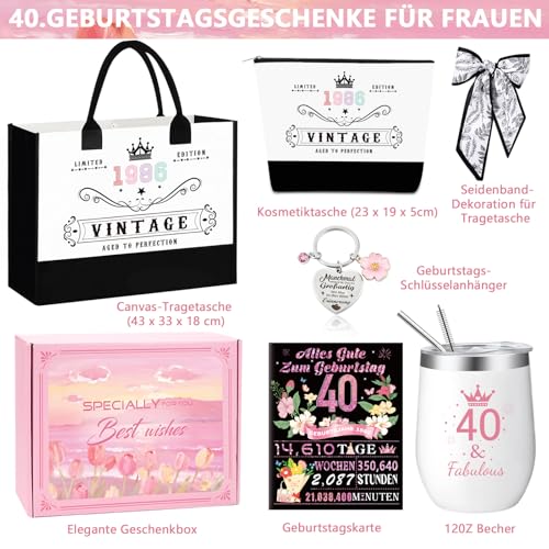 40.Geburtstag Geschenk Frau,Vintage 1986 Canvas Einkaufstasche Tragetasche Kosmetiktasche 7 Set mit Becher Strohhalm Grußkarte,40. Geburtstagsgeschenk für Mama, Freundin, Kollegin oder Schwester