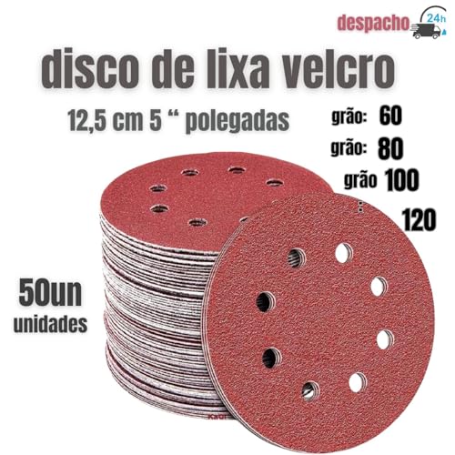 Kit 50 Disco Lixa Velcro 125mm 8 Furos Lixadeira Roto Orbital para Ferro Metal Madeira e Massa (grão