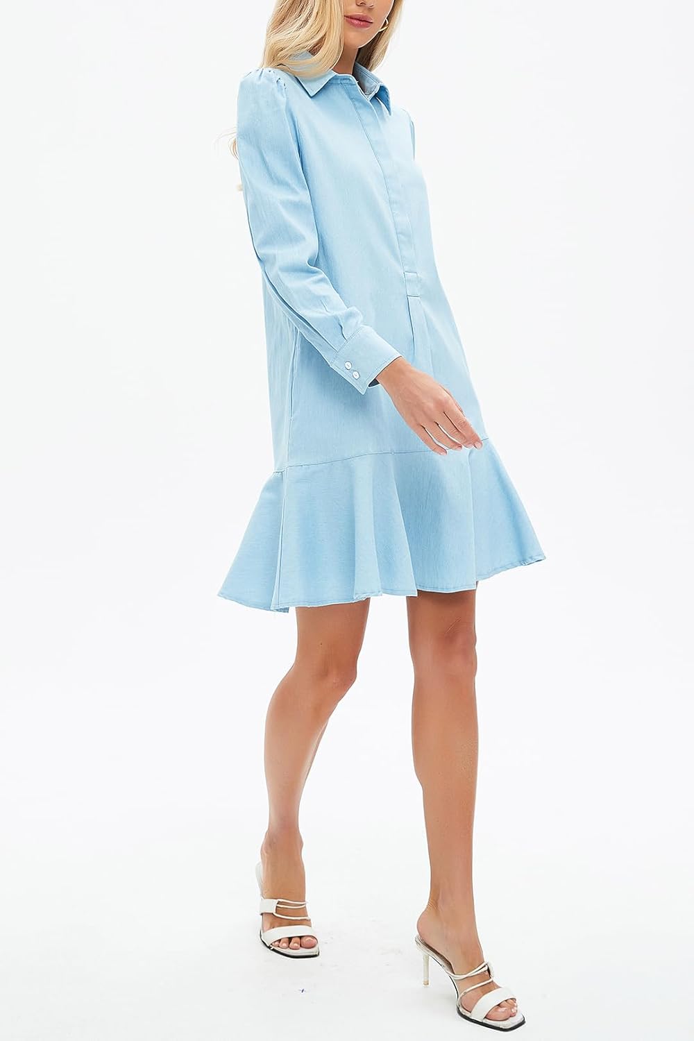 Women Denim Shirt Dress Long Sleeve Ruffle Chambray Jean Mini Dress Button Down 2025 Casual Shift Dresses - Image 6