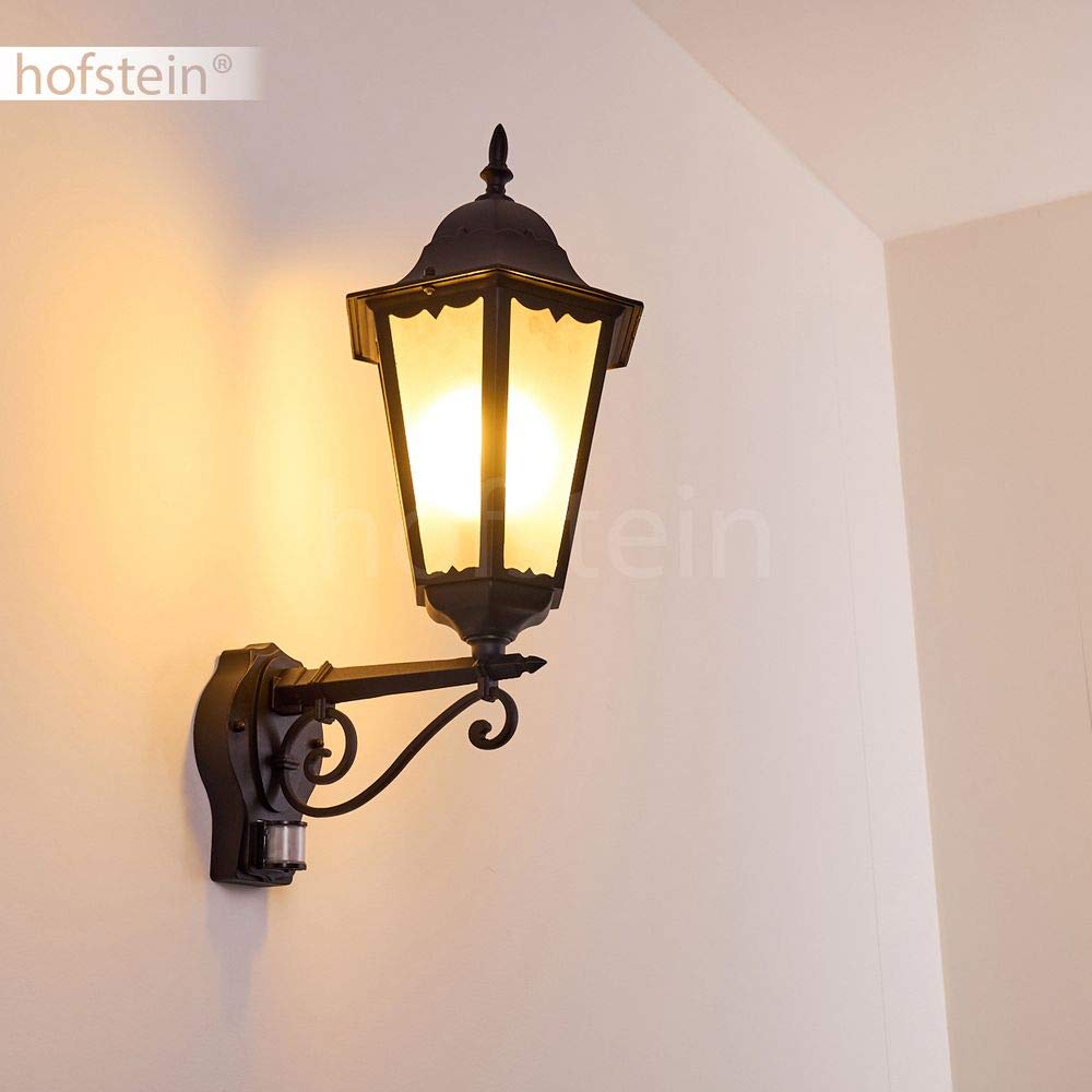 HOFSTEIN Außenwandleuchte Hongkong FROST, Außenwandlampe mit Bewegungsmelder aus Metall/Milchglas in Schwarz, Wechselscheiben Klar, Wandleuchte Up im Retro-Stil, E27, IP44, Eingangsbereich, Haustür