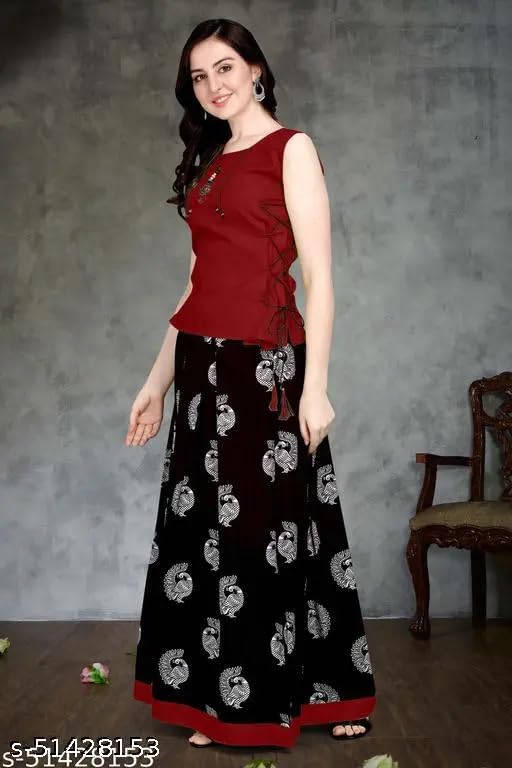 MILASTRU Women's Cotton Ethnic Top and Skirt Set, Sleeveless Yellow Kurti with Black Printed Long Skirt, Motif Design (Standard, Purple, 2XL) 2