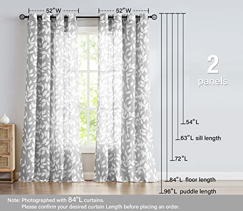 Image of Treatmentex White and Grey Curtains for Bedroom 54 inch Long Leaf Print Curtains for Windows Semi-Sheers, Grommet Top, 2 Panels
