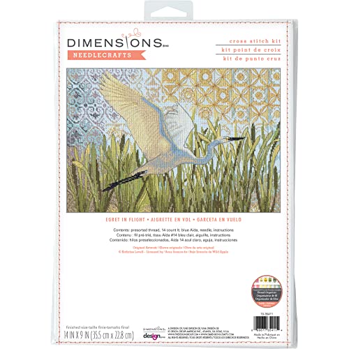 Image of Dimensions 70-35411 Egret in Flight Counted Cross Stitch Kit for Beginners, 14 inch x 9 inch, 14 Cnt. Light Blue Aida, 4pcs