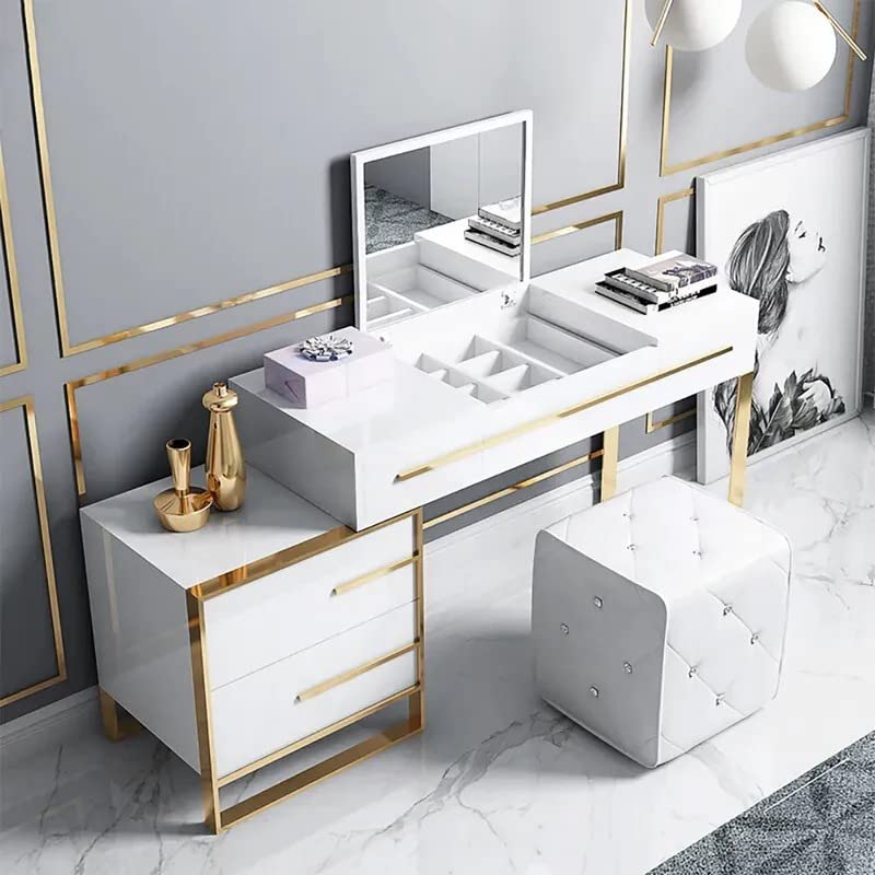 NG Decor Cylina White Makeup Vanity with Storage & Flip Top Mirror 4 Drawers & Golden Base (Stool not Included)-image-37