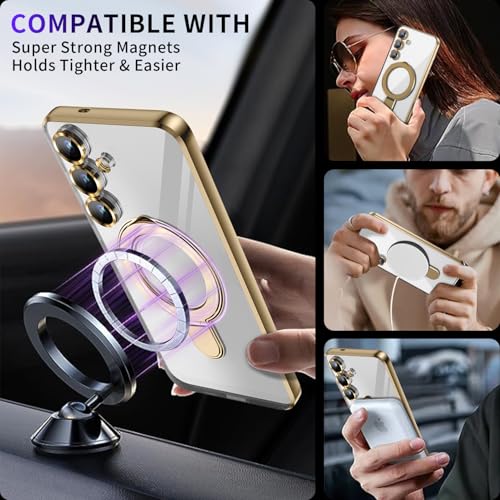 Image of Magnetic Stand & Full Camera Lens Protector Case for Samsung Galaxy S25 Plus [Compatible with MagSafe][Military Drop Protective]Not Yellowing Clear Slim Soft S25 Plus Phone Case for Women Men,Gold