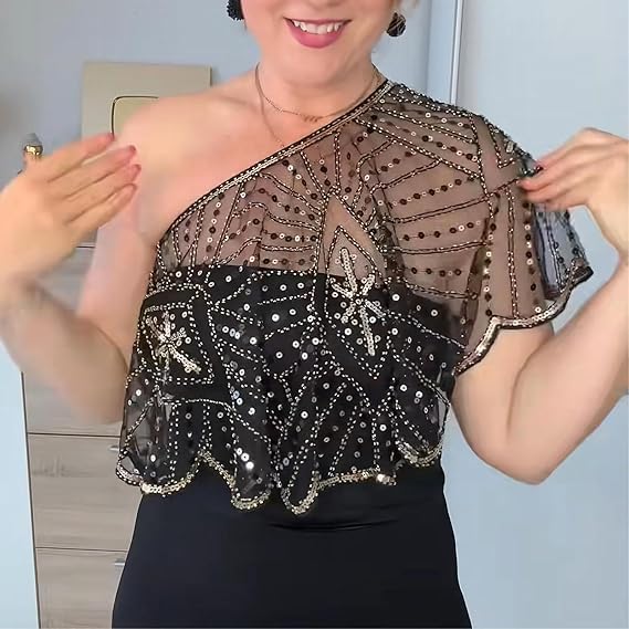 Vintage Lace Beaded Shawl, Women's 1920s Soft Stylish & Versatile Mesh Fringe Wraps, Sequin Beaded Shawls and Wraps3