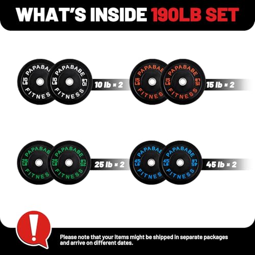 PAPABABE Strength Training Bumper Plates 190lb Set Olympic Weight Plates Rubber Bumper Plates with Steel Insert Home Gym Workout Weights Plates 2 Inch Barbell Weights For General Fitness