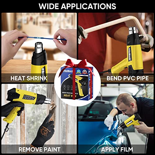 Romech Heat Gun 1500W Variable Temperature Control With 2 Air Volume Setting Heavy Duty Hot Air Gun Kit 120°F~1200°F (50°C~650°C) With 4 Nozzles For Crafts Shrink Wrap (Yellow) #TOP4
