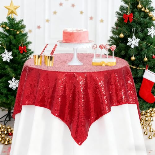 Image of B-COOL Sequin Fabric Tablecloth 50x50inch Red Sequin Table Cloth Square Dinner Party Wedding Tables