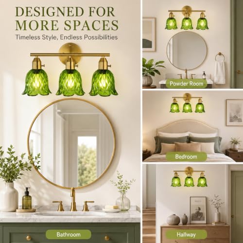 Image of 3-Light Bathroom Light Fixtures, 17.9 inch Gold Vintage Vanity Lights with Clear Green Tulip Glass Shade, Bathroom Wall Lamp for Mirror Kitchen Living Room Hallway Cabinet Porch