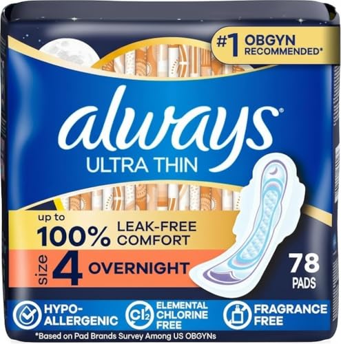 Always Ultra Thin Overnight Pads with Wings, Size 4, Overnight, 78 Count (3 Packs of 26)