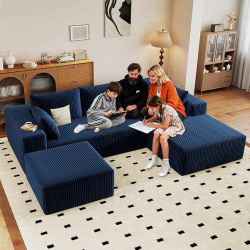 Image of 96 inch Boneless Cloud Sectional Couch Modular Sofa with Ottoman | Modern U-Shaped Couches, Comfy Corduroy Memory Foam Sofas with Oversized Chaise for Living Room (Blue,Right-Facing Chaise)