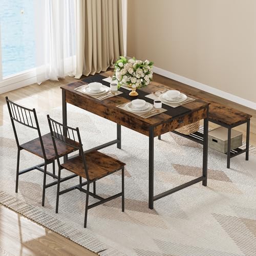 GarveeHome Dining Table Set for 4, Small Kitchen Table and 2 Chairs for 4 with Bench, Space Saving Kitchen Table Set with Storage Rack & Drawers, Breakfast Nook Rectangular Farmhouse Table Set,Retror