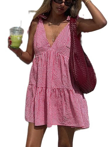 Image of ensswliz Women's 2025 Summer A Line Flowy Plaid Mini Dress Y2k Tie Shoulder Babydoll Dress Beach Vacation Outfits (Red, M)