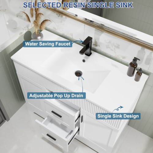 Image of eclife 42 inch Bathroom Vanities Sink Combo with Painted Surface, Modern Drawered Cabinet W /Decorative Wave Lines, Undermount Single White Sink, Matte Black Faucet Drain, White