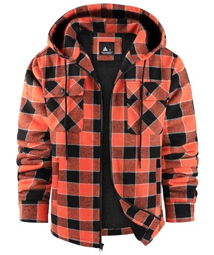 Image of V VALANCH Men's Flannel Shirt Jacket with Hood Fleece Lined Plaid Jacket Zip Up Winter Warm Coat