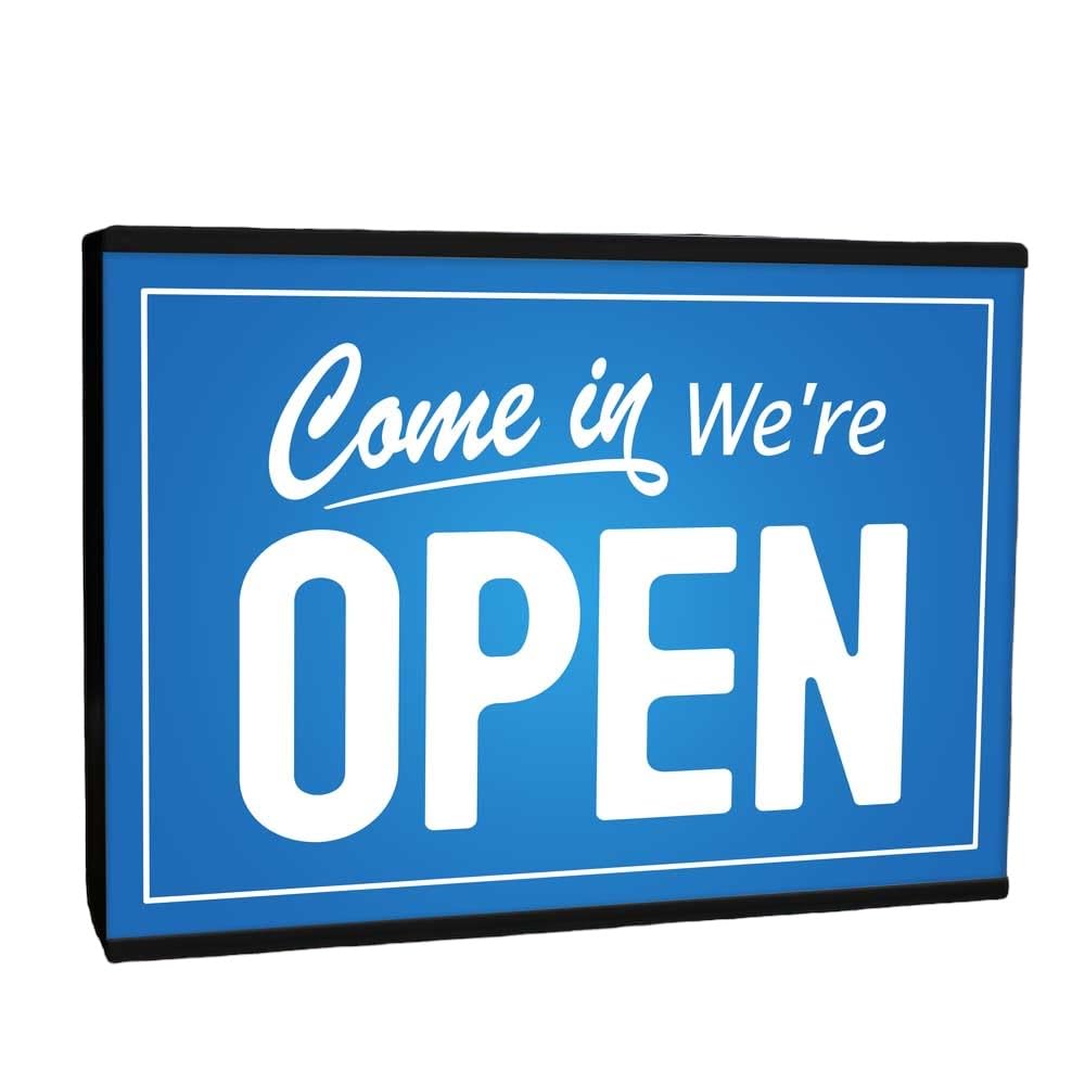 Echo Three Blue Light Box Room Sign Xl A4 Come In | Light Up Come In We're Open Display | Illuminated Shop Front Workplace Design | Work Lighting Cafe Bar Restaurant Hairdressers Barber Welcome Led Lighting Sign