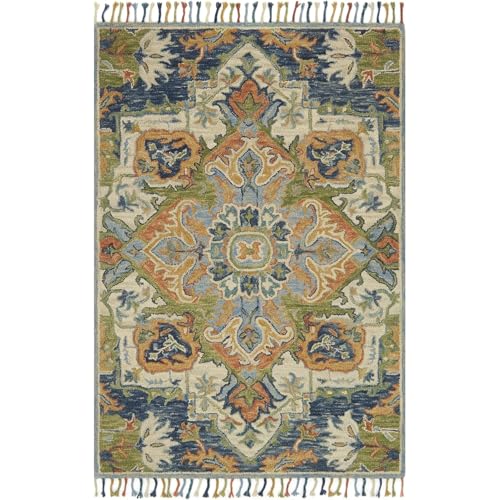 Image of Hand-Tufted Wool Large Carpet for Living Room 12x15 feet Ivory Teal Blue Traditional Design Anti-Skid High Pile Thick Carpet & Rugs for Bedroom & Hall