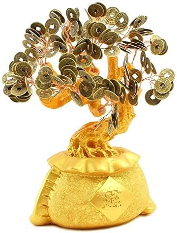 Gran árbol del dinero de Feng Shui de 9 pulgadas, moneda de oro, moneda de oro, bolsa de fortuna, estilo bonsái, Feng Shui, reunión próspera con