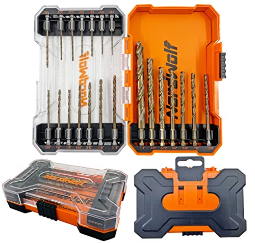 Nordwolf 21-Piece M35 Cobalt Jobber Drill Bit Set For Stainless Steel, Metal, Cast Iron And Wood, With 1/4" Hex Shank For Quick Chucks & Impact Drivers, Sae Sizes 1/16" To 1/2" In Storage Box #TOP5