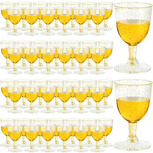 200 Pack Gold Glitter Plastic Wine Glasses with Stem 6 oz