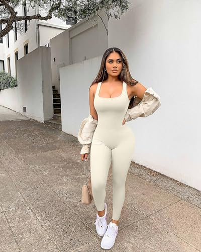 Image of YIOIOIO Womens Workout Ribbed Jumpsuit Yoga Square Neck Leggings Romper