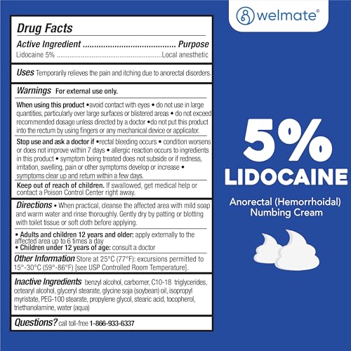 Image of WELMATE 5% Lidocaine Hemorrhoid Cream Maximum Strength, Fast-Acting Numbing Cream for Anorectal Pain Relief, Non-Greasy, Unscented, for Sensitive Skin, Packaging May Vary 2 oz (60g)
