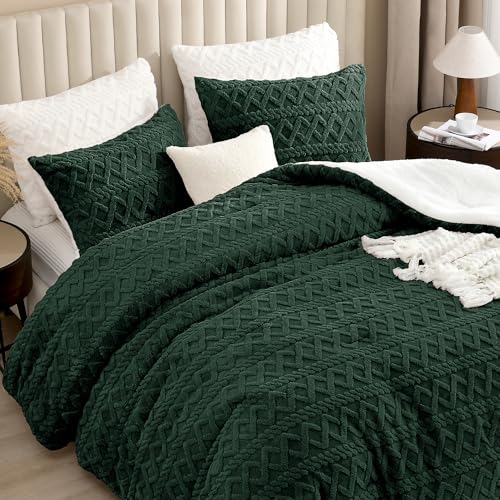 Image of Andency Fluffy Sherpa King Comforter Set, Dark Green Fleece Soft Bedding