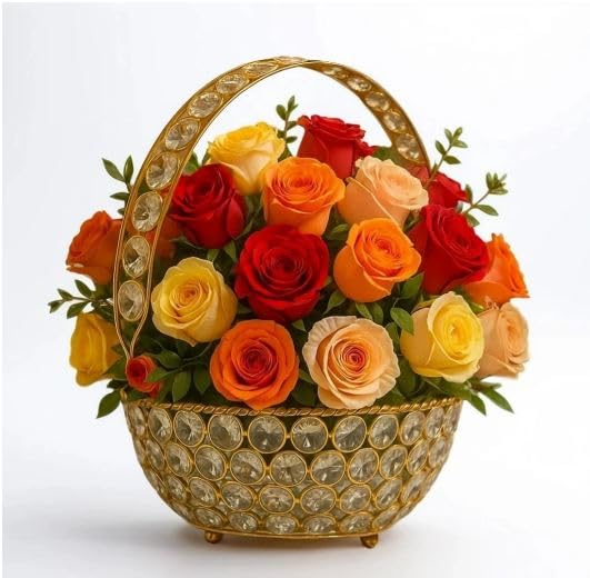 ZS Store Premium Gold Coated Plated Crystal Studd Flower Basket, Elegant Design Modern Fruit Basket, Pooja Metal Basket with Handle 6 Inch-image-5