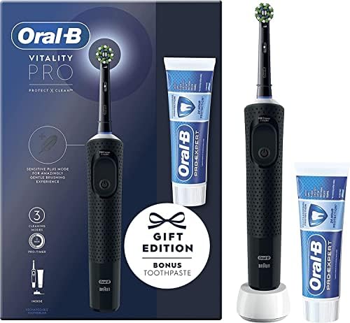 Oral-B Vitality Pro Electric Toothbrush, 1 Handle, 1 Toothbrush Head, 3 Brushing Modes Including Sensitive Plus + Sensitivity & Gum Calm Toothpaste, 2 Pin UK Plug, Purple
