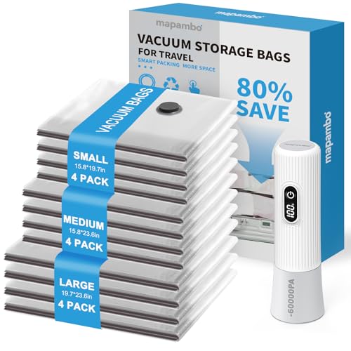 Mapambo Travel Vacuum Bags with -60000Pa LED Electric Pump 12 Pack Vacuum Seal Bags for Clothing Travel in 3 Combo sizes 123456