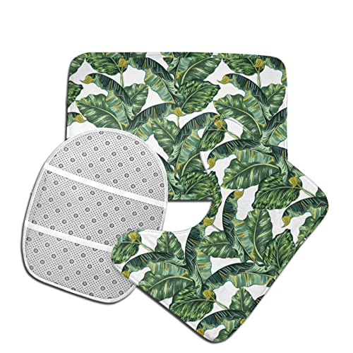 DIRYKILP Badematte + Konturmatte + Toilettendeckelbezug, tropische Palmenblätter 3 Stück Badematte Set, mit rutschfester Klebeunterseite – Bild 5