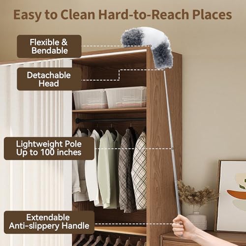 Image of HAMEINY Microfiber Feather Duster for Cleaning 5-in-1 Kit 100 inch Extendable | Furniture Dusters with Extension Pole 100 Inches High Ceiling Fan Dusters Cobweb Duster for Car Wall Blinds Cleaning Dusting
