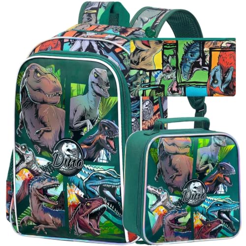 Image of CCJPX 3PCS Dinosaur Backpack for Boys, 16 Inch Water Resistant Preschool Bookbags, Cool Kindergarten School Backpacks and Lunch Box(Green)