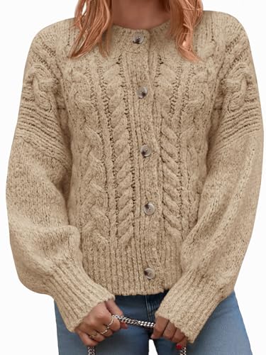 Yousify Womens Open Front Cardigan Sweaters Casual Cable Knit Long Sleeve Button Down Chunky Loose Fall Sweater Khaki